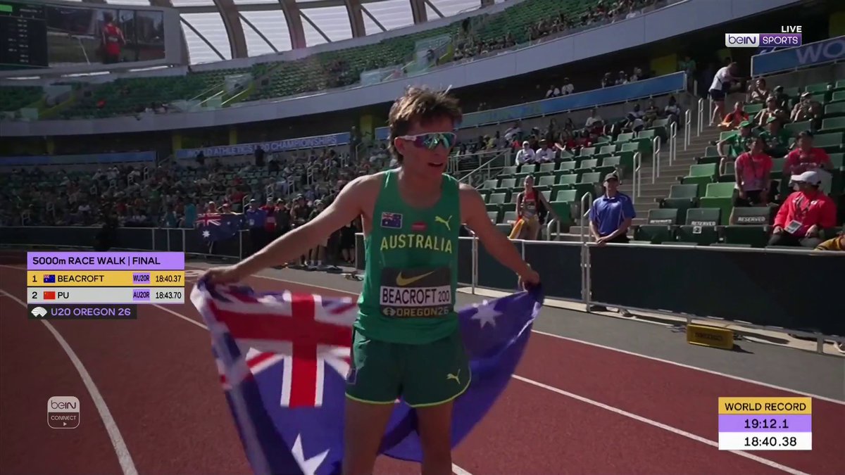🔥🇦🇺🥇 الأسترالي إيساك بيكروفت يتوّج بذهبية سباق 5000 متر مشياً للشباب، مسجلاً رقماً قياسياً عالمياً جديداً ضمن بطولة العالم لألعاب القوى للشباب