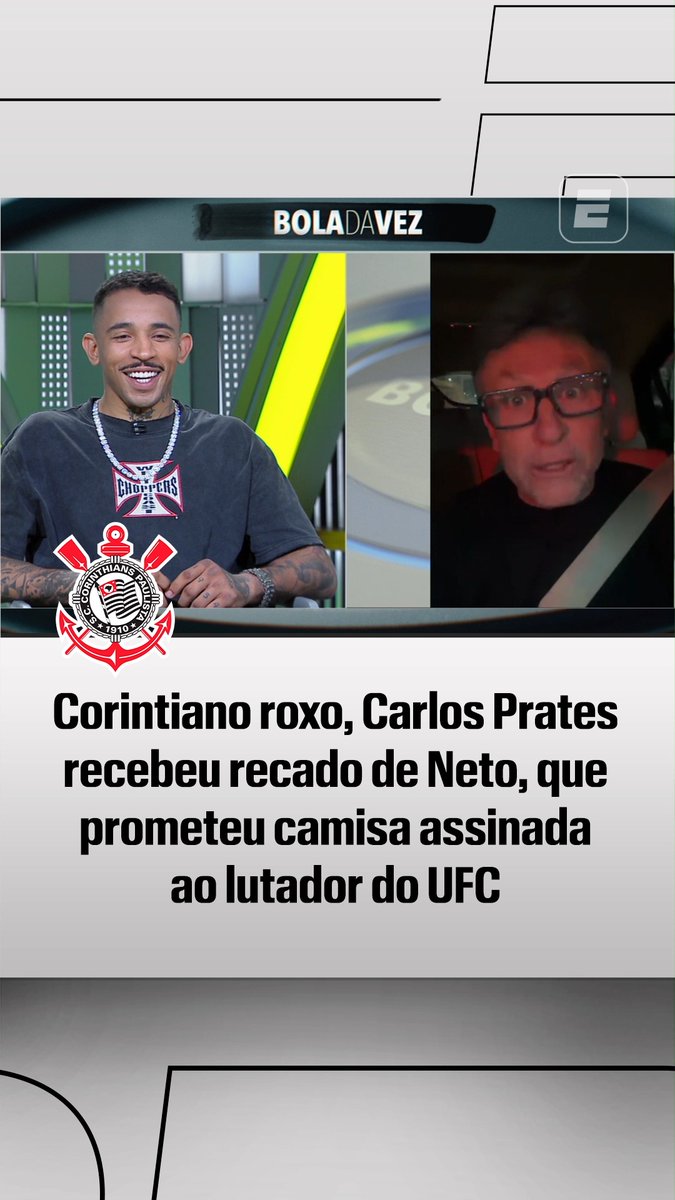 RECADO ESPECIAL! 🦅 Neto marcou presença no Bola da Vez e mandou um recado especial ao Carlos Prates, que é corintiano roxo. #ESPNKnockOut #CarlosPrates #Corinthians