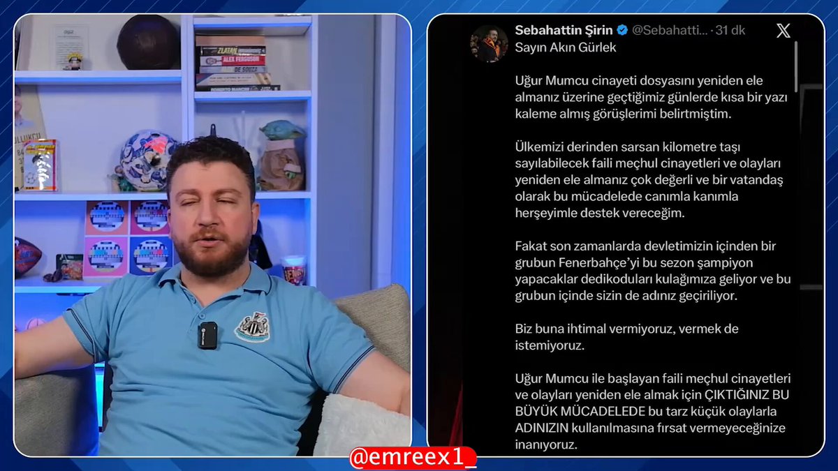 🚨"UA Liderinin Adalet Bakanı Fenerbahçe'yi şampiyon yapacak iddiası" 🗣️Uğur Karakullukçu: "Galatasaray yönetimi o kadar kötü yönetiyor ki insanlar artık bunu ancak bir yarı komplo teorisiyle açıklamak durumunda kalıyorsa da bu da Galatasaray yönetiminin boynuna boynunun borcu. Yani işinizi düzgün yapın da sizin bizzat hatta uzun yıllar hatta Ultraslanın herhalde en nefret ettiği, en tiksindiği eleştiri biçimi sizin ilk döneminizde oldu. Dursun Bey'in ilk döneminde oldu. İşte sucuk ekmek muhabetinden bahsediyorum. Bu insanlar bunu göze alıp o kadar dayak yemiş olmasına rağmen size karşı bu mesajı Adalet Bakanı'na yazabiliyorsa bunu da bir sorgulayın ya. Bunu da bir sorgulayın derim."