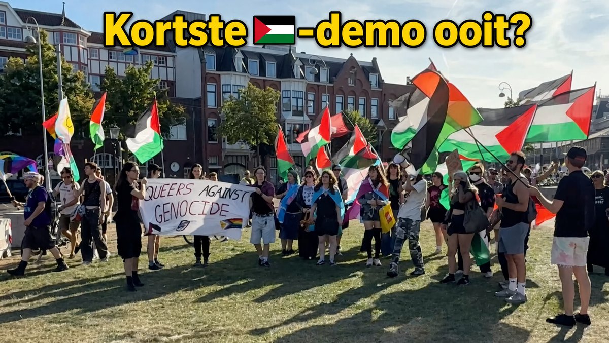 Kortste 🇵🇸-demonstratie ooit? Aan het einde van de Pride March wilden de Palestina-actievoerders nog een vervolgactie houden bij het Amerikaanse consulaat. De puf is er echter direct uit: op het grasveld valt de groep binnen één minuut stil en taait iedereen af.