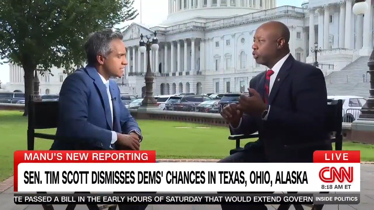 NEW: "I think we could have a 54-seat majority," a bullish Sen. Tim Scott, chair of Senate Republicans' campaign arm, told Manu Raju. Scott said he expects Republicans to expand the Senate map this cycle. #InsidePolitics