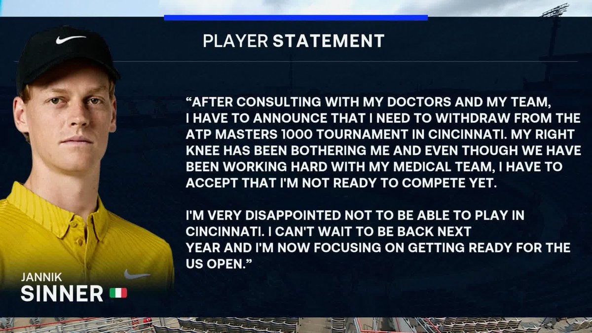 World No.1 Jannik Sinner has withdrawn from the Cincinnati Open due to a knee injury 🚨