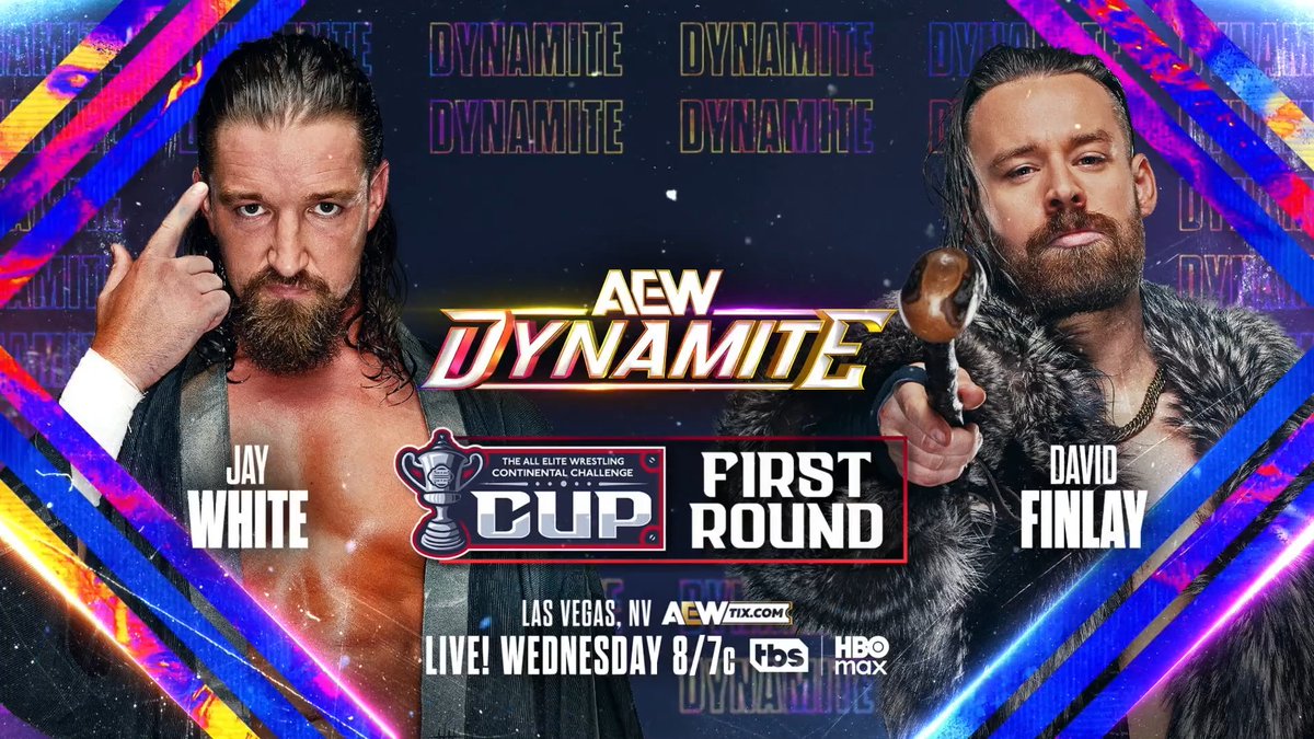 #AEWDynamite 8/7c, TBS & HBO Max This Wednesday, 8/12 AEW Continental Challenge Cup First Round Switchblade Jay White vs David Finlay The years long feud between Jay White & David Finlay EXPLODES in a first round match of the Continental Challenge Cup Tournament, THIS WEDNESDAY!
