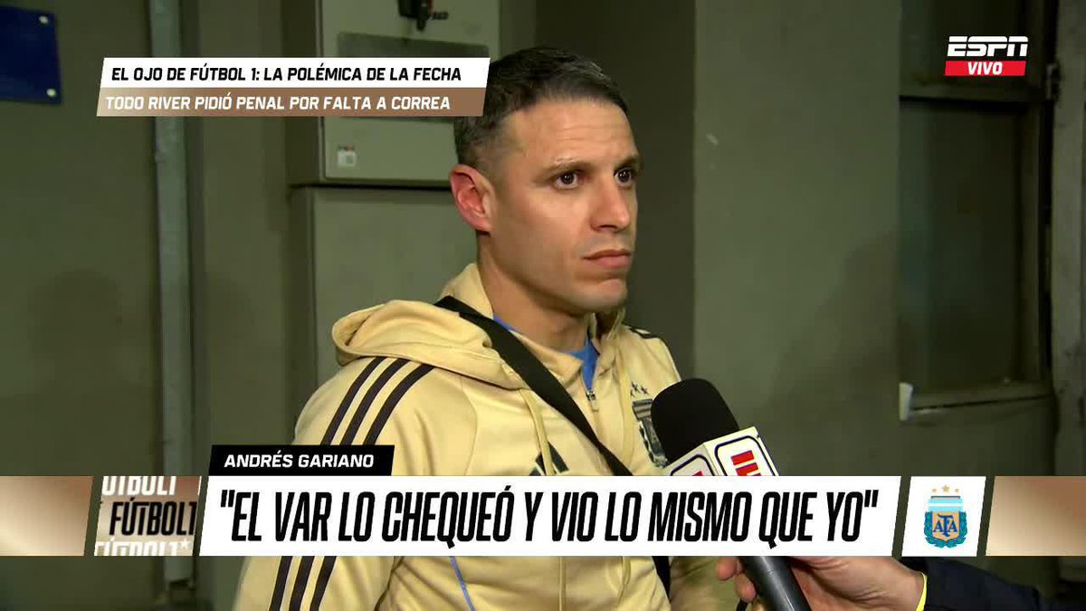 "EL VAR LO CHEQUEÓ Y VIO LO MISMO QUE YO" Andrés Gariano, árbitro de Tigre vs. River, se refirió al supuesto penal que decidió no cobrar y que todos reclamaron en el Millonario. ▶️ Mirá #ESPNFútbol1 en el Plan Premium de #DisneyPlus