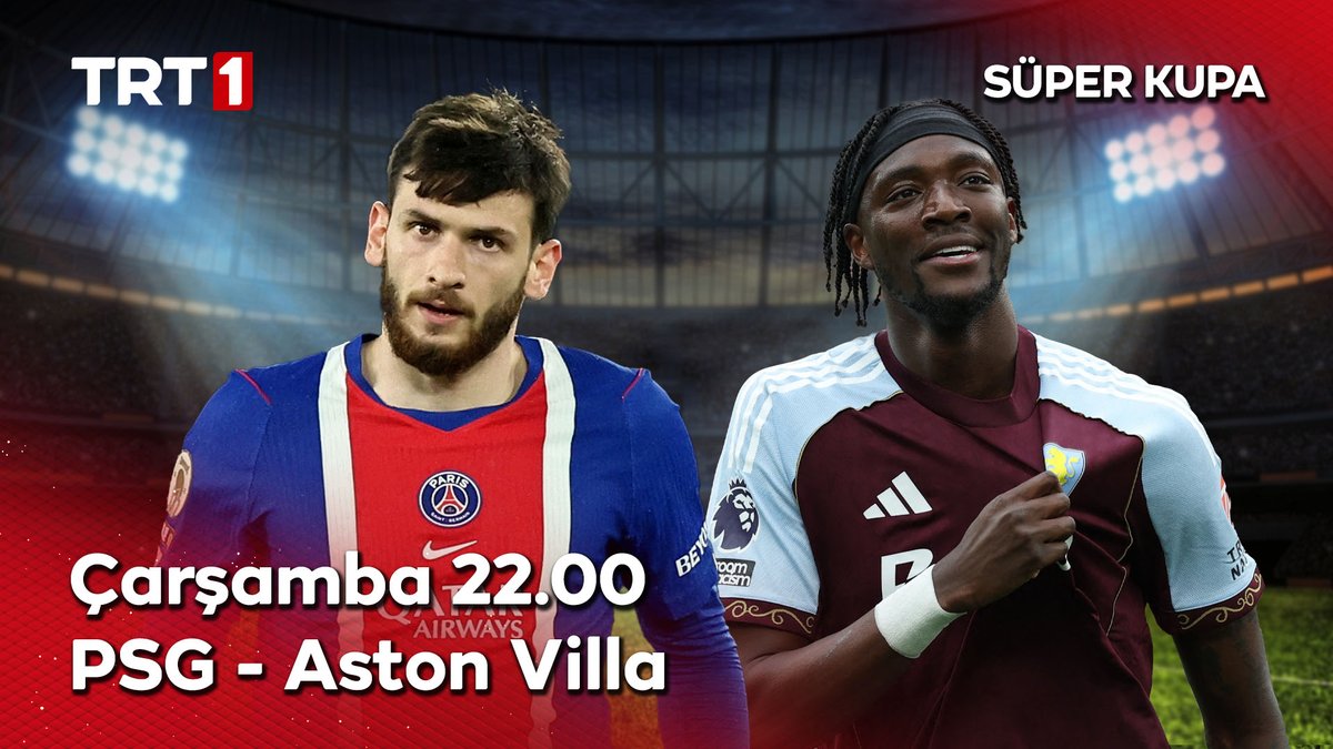 Süper Kupa kimin olacak?🏆 UEFA Süper Kupa finalinde Şampiyonlar Ligi şampiyonu PSG ile Avrupa Ligi şampiyonu Aston Villa karşılaşıyor.⚽ PSG-Aston Villa mücadelesi, çarşamba günü saat 22.00’de TRT 1, tabii ve TRT Radyo 1’de.📺📻