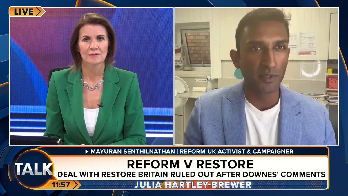 🚨"Restore Britain is a grievance and tribal party that is the consequence of a post-mass migration era. But they’re NOT a serious party." Reform UK's Mayuran Senthilnathan doesn't believe there will be a pact between Nigel Farage and Rupert Lowe. Julia Hartley-Brewer | Mayuran Senthilnathan 🇬🇧