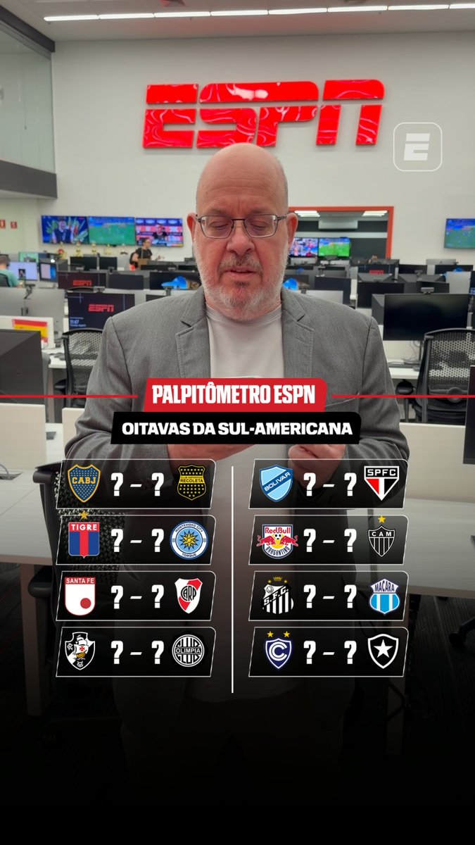 AS OITAVAS DE FINAL DA SUL-AMERICANA ESTÃO CHEGANDO! 🤩 Vitor Birner palpitou os resultados dos jogos de ida das oitvas da Copa Sul-Americana. Será que ele acerta, fã de esportes? Assista à Sul-Americana pela ESPN no Plano Premium do #DisneyPlus #SulAmericanaNaESPN #SulAmericana #FutebolNaESPN