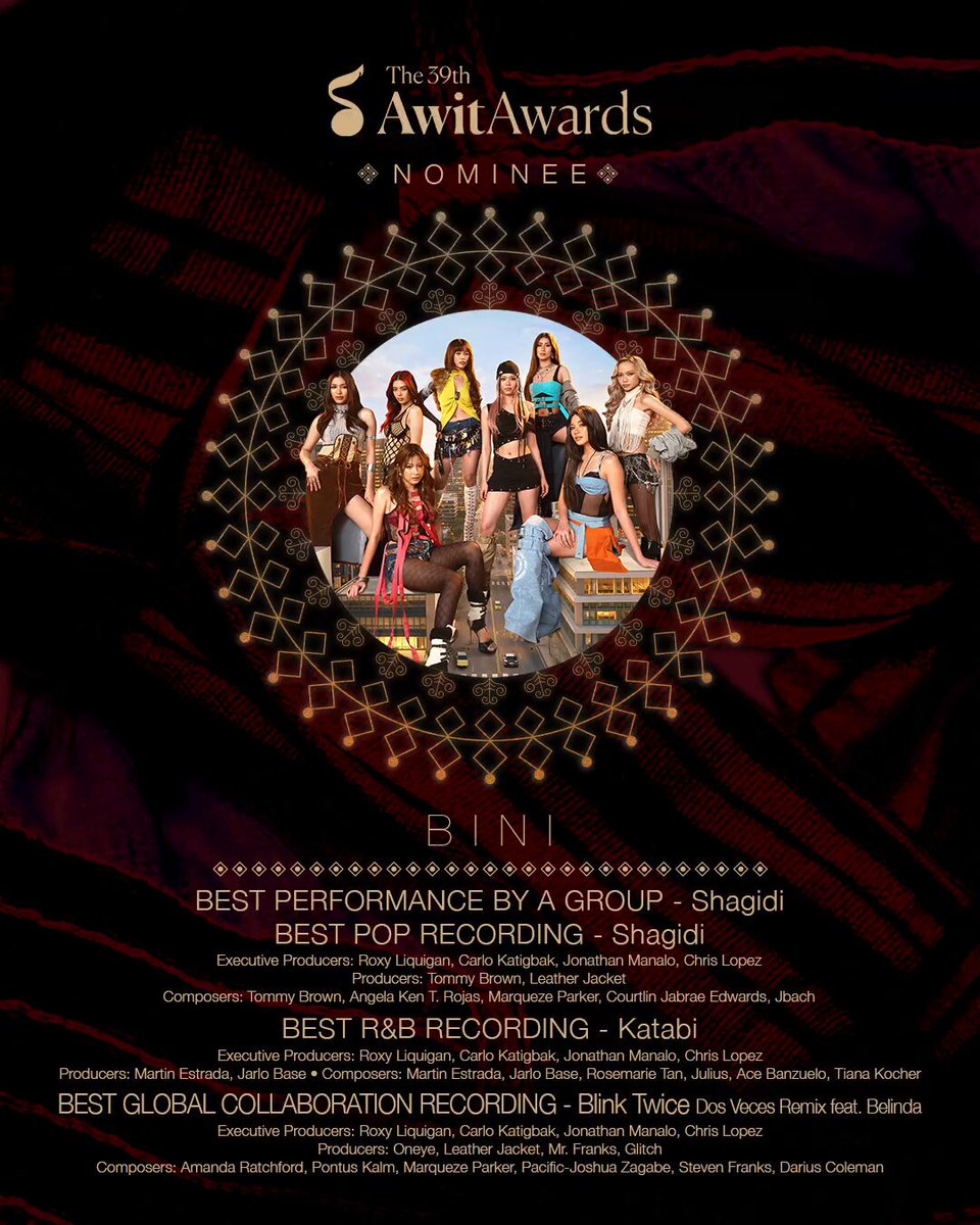 Congratulations to our Nation's Girl Group, BINI_PH, for earning four nominations at the 39th Awit Awards!🌸 🏆 Best Performance by a Group - "Shagidi" 🏆 Best Pop Recording - "Shagidi" 🏆 Best R&B Recording - "Katabi" 🏆 Best Global Collaboration Recording - "Blink Twice" (Dos Veces Remix) feat. Belinda More music, more milestones, and more reasons to celebrate! 🌎💖 We are so proud of you✨ #BINI #39thAwitAwards #AwitAwards #ABSCBNMusic