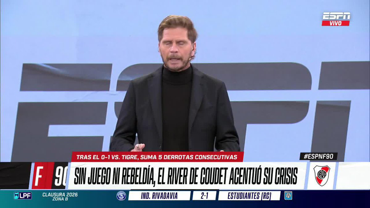 🗣️ ASÍ COMENZÓ EL PROGRAMA El comentario inicial, tras una derrota que puso las cosas MUY difíciles en River. ▶️ Mirá #ESPNF90 en el Plan Premium de #DisneyPlus