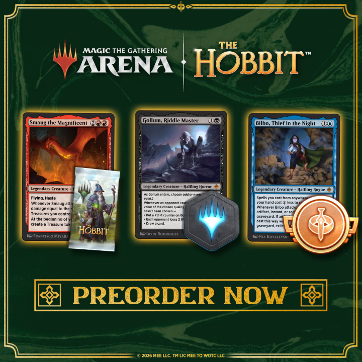 Your #MTGxTheHobbit adventure begins tomorrow on MTG Arena! Prepare to go there and back again with the Pack, Play, or Pass Bundle. Preorder here: