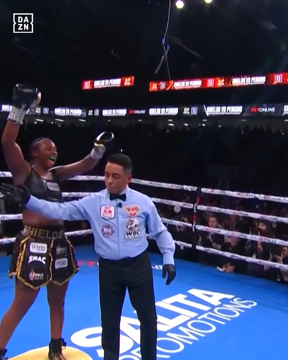 Claressa Shields knocked down Danielle Perkins on her way to becoming undisputed at heavyweight last year 👑 The "GWOAT" clashes with WBC and WBA middleweight champion Kaye Scott this Saturday in Atlanta, live on DAZN 📺
