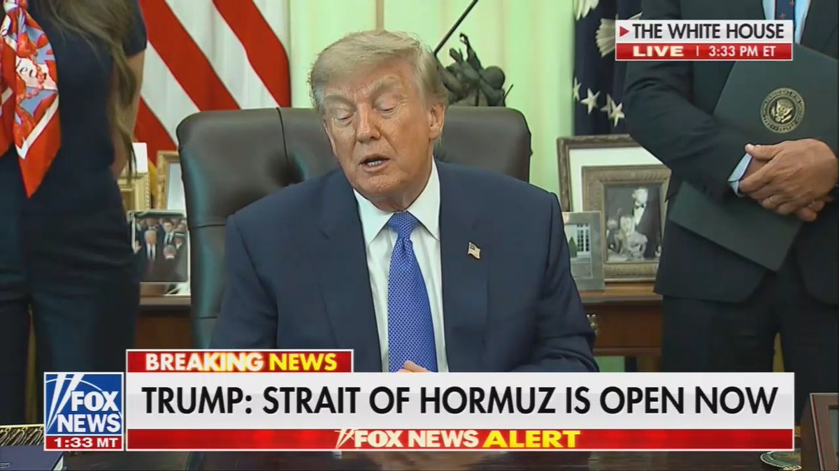 Trump: The Strait of Hormuz is actually open now. Well, it's a little complex because they will on occasion drop a mine