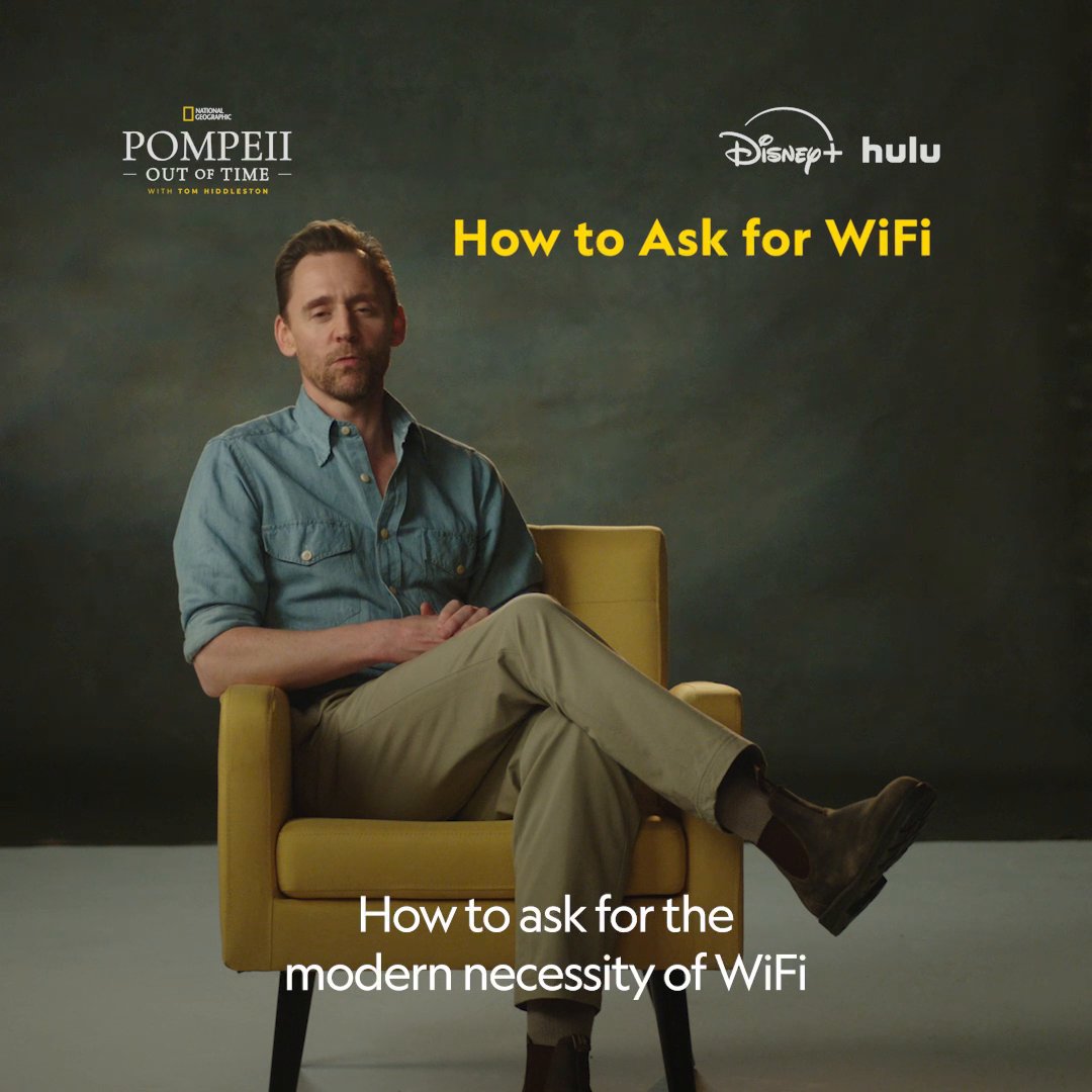 Professor Tom is back with another Latin lesson—this time on how to ask for WiFi, which didn't exist. Discover more about the eruption of Vesuvius and the fate of Herculaneum: #PompeiiOutOfTime with Tom Hiddleston is now streaming on Disney+ and Hulu.
