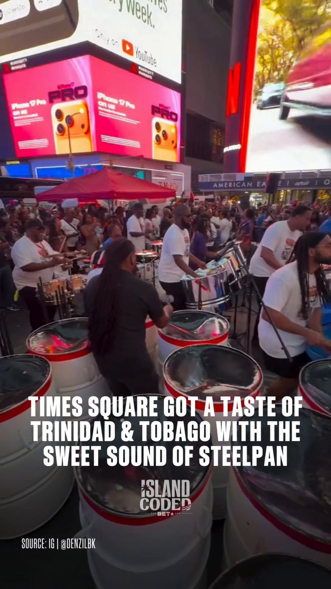 The sweet sound of steelpan rang through the heart of NYC yesterday! 🇹🇹🥁 Pan in Times Square brought the culture, rhythm and sounds of Trinidad & Tobago to the Crossroads of the World, just in time for World Steelpan Day. Happy World Steelpan Day to the instrument born in Trinidad & Tobago and the culture that continues to carry its sound around the world! 🖤🌎 #BET #PanInTimeSquare #IslandCoded 📸: IG | denzilbk