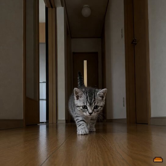 子猫が廊下を歩いていたら、突然パッと照明が点灯。 思わず立ち止まって、天井をじーっと見上げる子猫。 「今の何・・・？」みたいな表情のまま、恐る恐る勇気を出して前へ進むの応援したくなるｗ