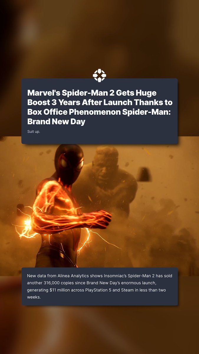 Marvel's Spider-Man 2 has sold 316,000 more copies since Spider-Man: Brand New Day hit theaters, generating $11 million across PS5 and Steam in less than 2 weeks! #SpiderMan