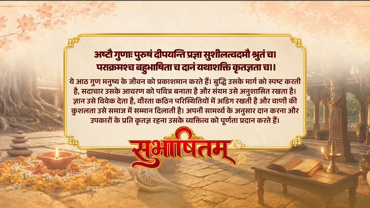 अष्टौ गुणाः पुरुषं दीपयन्ति प्रज्ञा सुशीलत्वदमौ श्रुतं च। पराक्रमश्च बहुभाषिता च दानं यथाशक्ति कृतज्ञता च।।