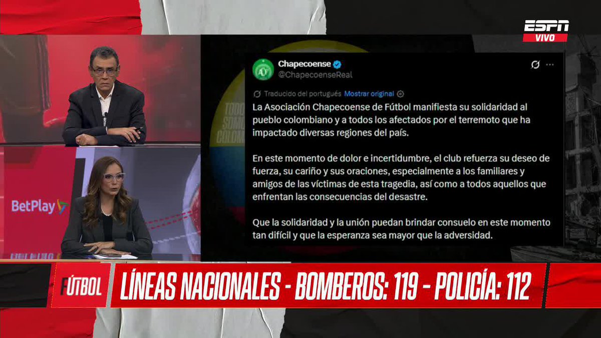 "En este momento de dolor e incertidumbre, el club REFUERZA su deseo de fuerza, su cariño y sus oraciones" El mensaje de Chapecoense en solidaridad al pueblo colombiano. ▶️ No te pierdas #ESPNF90Colombia en el Plan Premium de #DisneyPlus