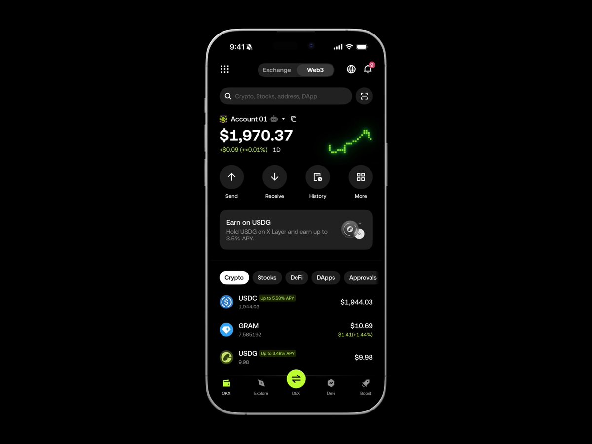 Your USDG can start earning in seconds. Simply open @Wallet and tap "Earn on USDG". Daily payouts go straight to your Wallet, gas-free on X Layer.