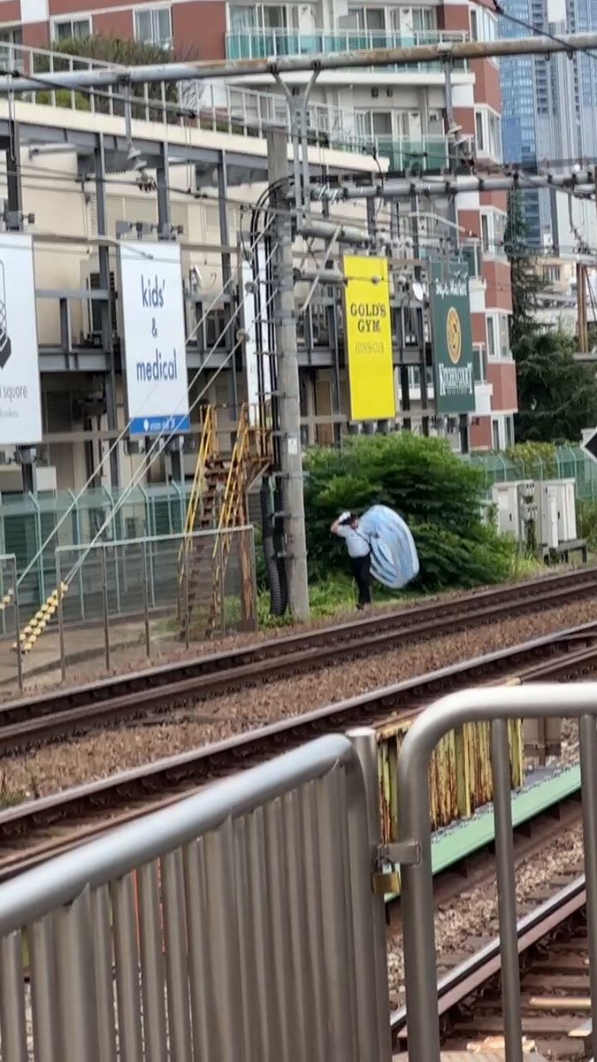 【中央線】東中野駅付近で線路内にビニールプールが飛来 回収される様子