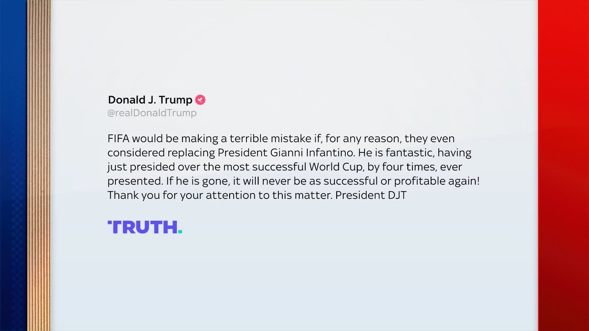 US President Donald Trump has warned FIFA would be making a "terrible mistake" if it got rid of Gianni Infantino as head of world football’s governing body 🗣️ Infantino has come under pressure following his doomed plan to sell off stakes World Cup.