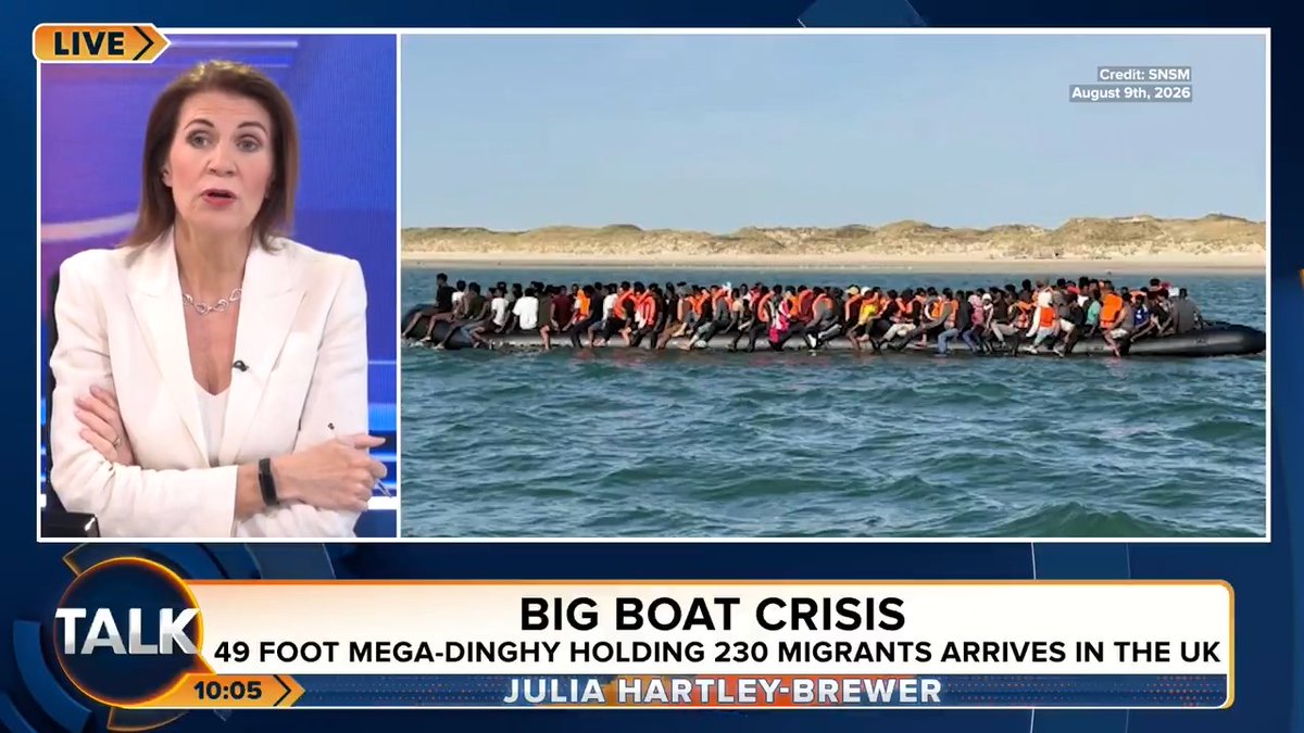 🚨"It's a symbol of such a catastrophic failure." Julia Hartley-Brewer and Spiked Online's Tom Slater react to the 49 foot mega-dinghy which carried 230 illegal migrants across the Channel yesterday. Julia Hartley-Brewer | Tom Slater