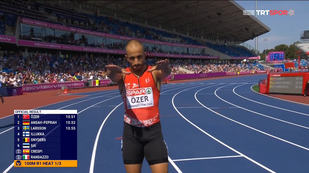🏆 Avrupa Atletizm Şampiyonası 🎽 Sporcumuz 🇹🇷Kayhan Özer, erkekler 100 metre elemelerinde serisini 10.51'lik dereceyle ilk sırada bitirdi ve yarı finale yükseldi!
