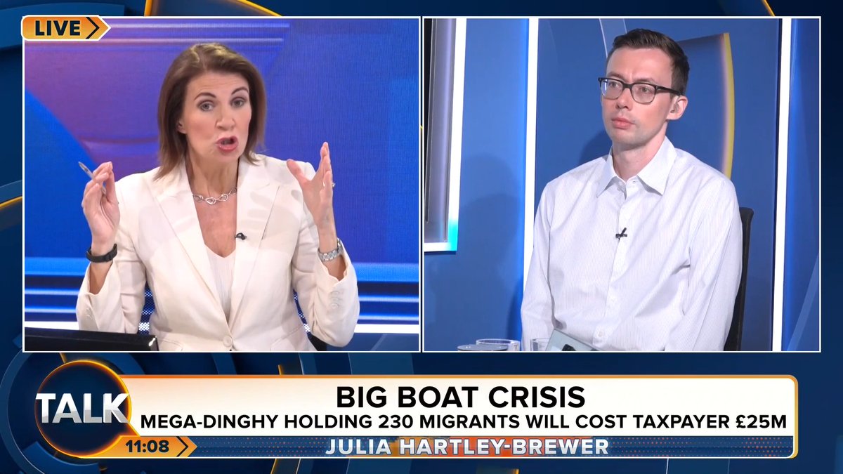 🚨"Normal people look at the mega-dinghy and go, what the actual ****!" Julia Hartley-Brewer attacks the political class for not understanding the scale of the illegal migration crisis. Julia Hartley-Brewer | Tom Slater