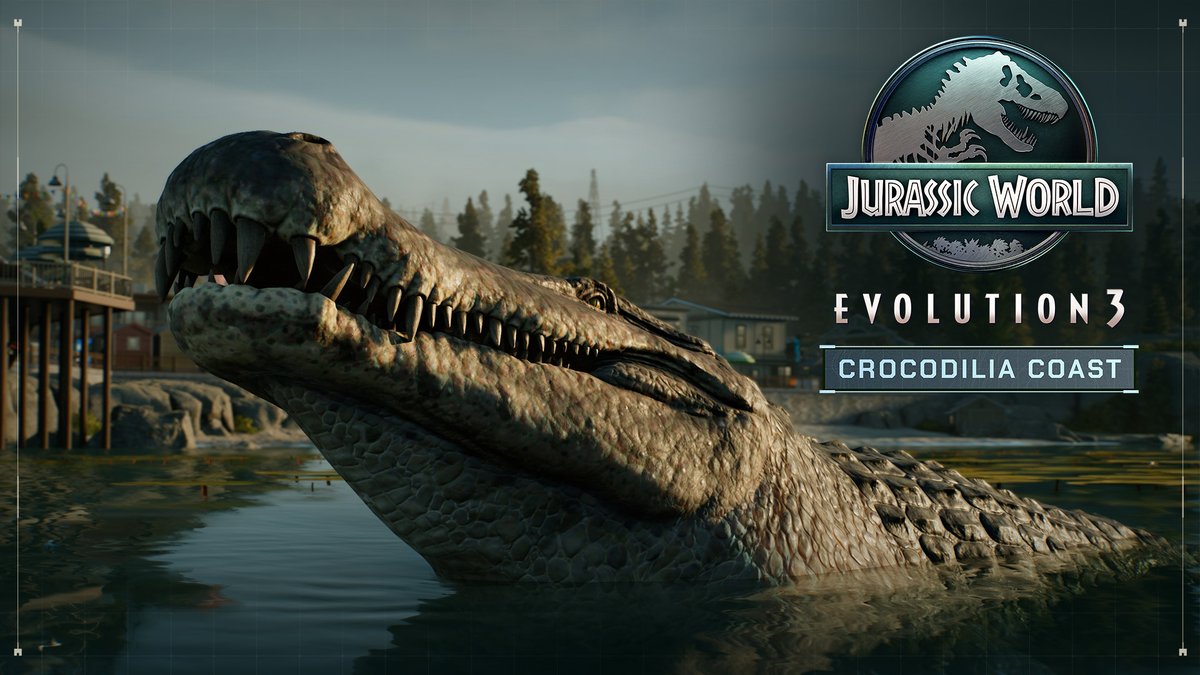 Build waterfront enclosures for new species family units, including the fierce Deinosuchus - Jurassic World Evolution 3: Crocodilia Coast is out now on all platforms!