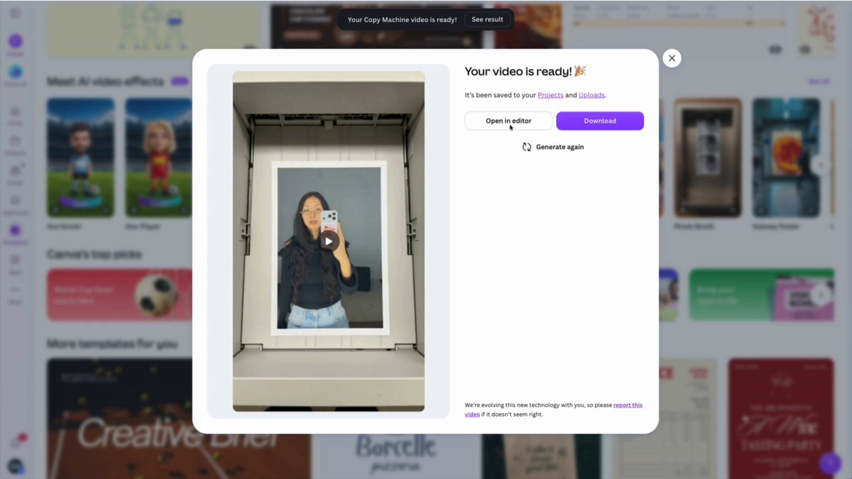 This printing effect? You can literally do this in two steps. 1️⃣ Choose a photo you love 2️⃣ Upload it when you select the “Copy machine” video effect on Show us with your version using #MadeWithCanvaAI