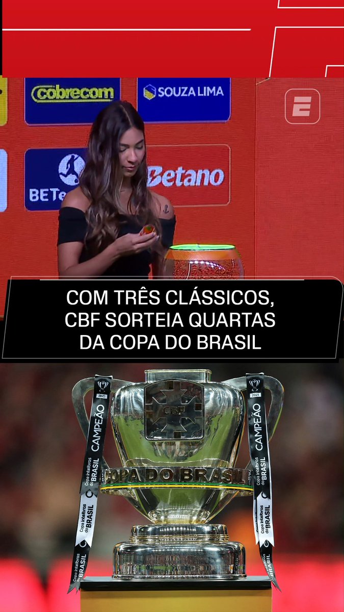 ISSO AQUI É LOUCURA! A CBF sorteou nesta terça-feira (11) as quartas de final da Copa do Brasil e saíram simplesmente TRÊS CLÁSSICOS ESTADUAIS: Grêmio x Internacional, Atlético-MG x Cruzeiro e Palmeiras x Santos, além de Vitória x Vasco! #FutebolNaESPN