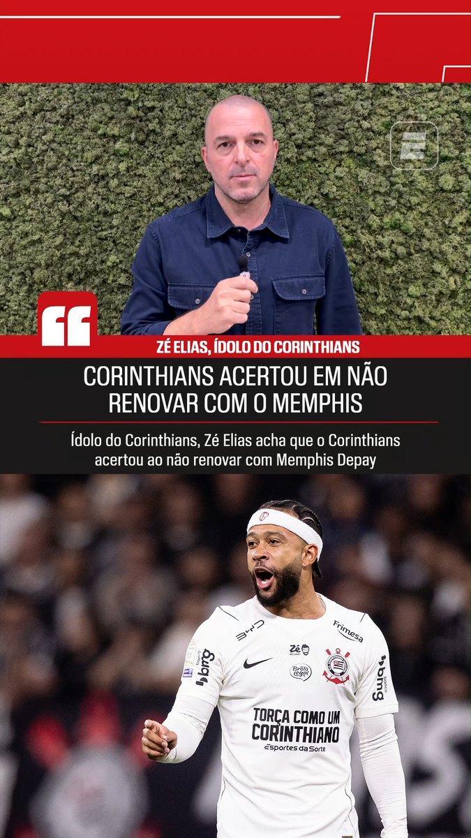 “O Corinthians acertou em não renovar com Memphis Depay. É impossível para o Corinthians pagar R$ 150 milhões em 2 anos para um jogador hoje.” “O Memphis Depay não ganhou nada sozinho, ele foi uma peça importante.” 🎙️ Zé Elias, na ESPN. 🎥 ESPN Brasil