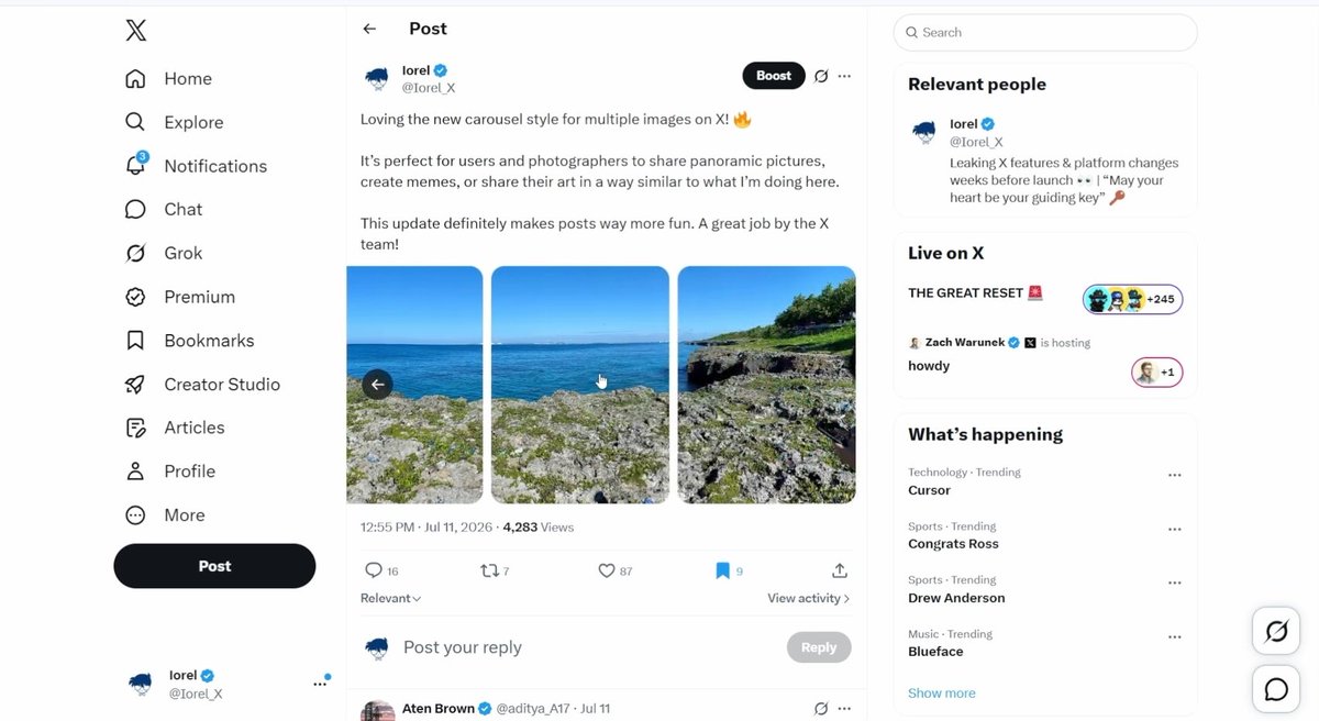 X is rolling out the new Carousel Layout on X Web for multiple images and videos on posts! 🔥