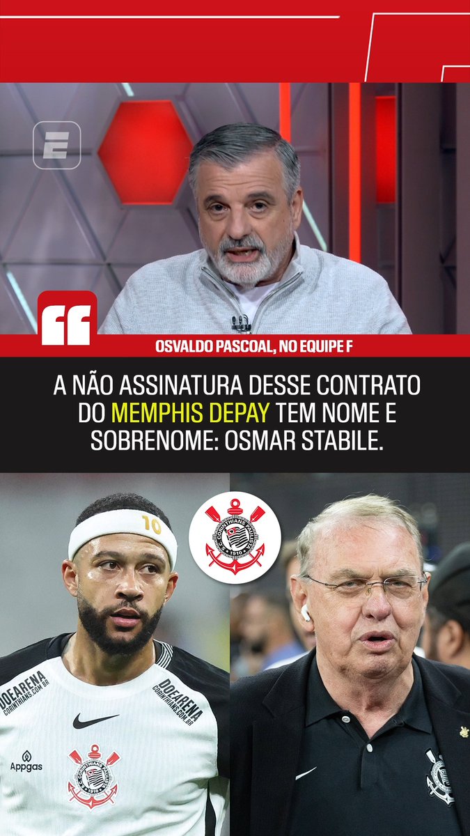 "Em on, com a câmera ligada, se você perguntasse para qualquer dirigente do Corinthians se ele queria a permanência do Memphis Depay, ele diria: 'claro'. No off, ele diria: 'não dá, nós não temos condições'." "A não assinatura tem nome e sobrenome: Osmar Stábile. O presidente do Corinthians não quis assinar a renovação do contrato pela saúde financeira do clube." 🎙️ Osvaldo Pascoal, na ESPN. 🎥 ESPN Brasil | SportsCenter Brasil