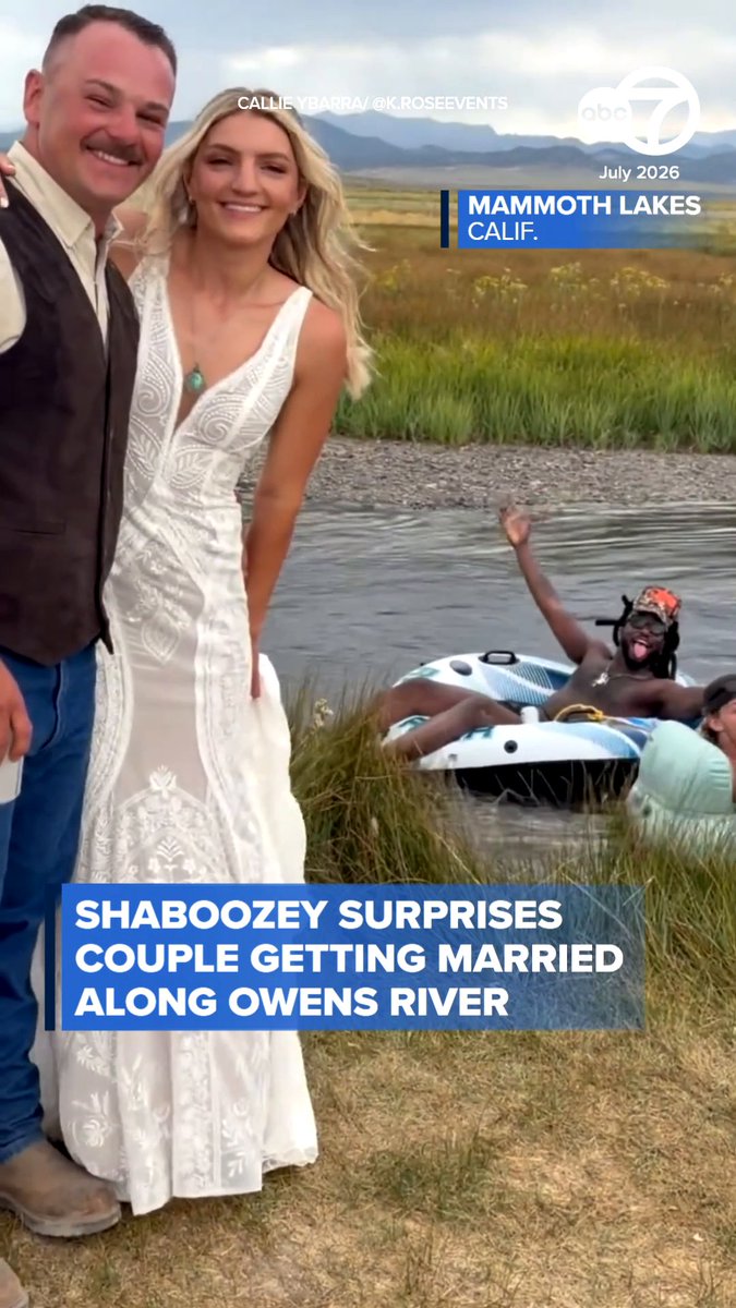 Surprise! A couple getting married along a river in Mammoth got photobombed by Shaboozey and friends! 😅💍