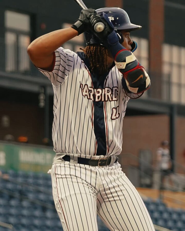 Baseball is in his blood 🩸. Carsten Sabathia gets his first professional hit with the Warbirds‼️ #TakeFlight | #WelcomeToWilson