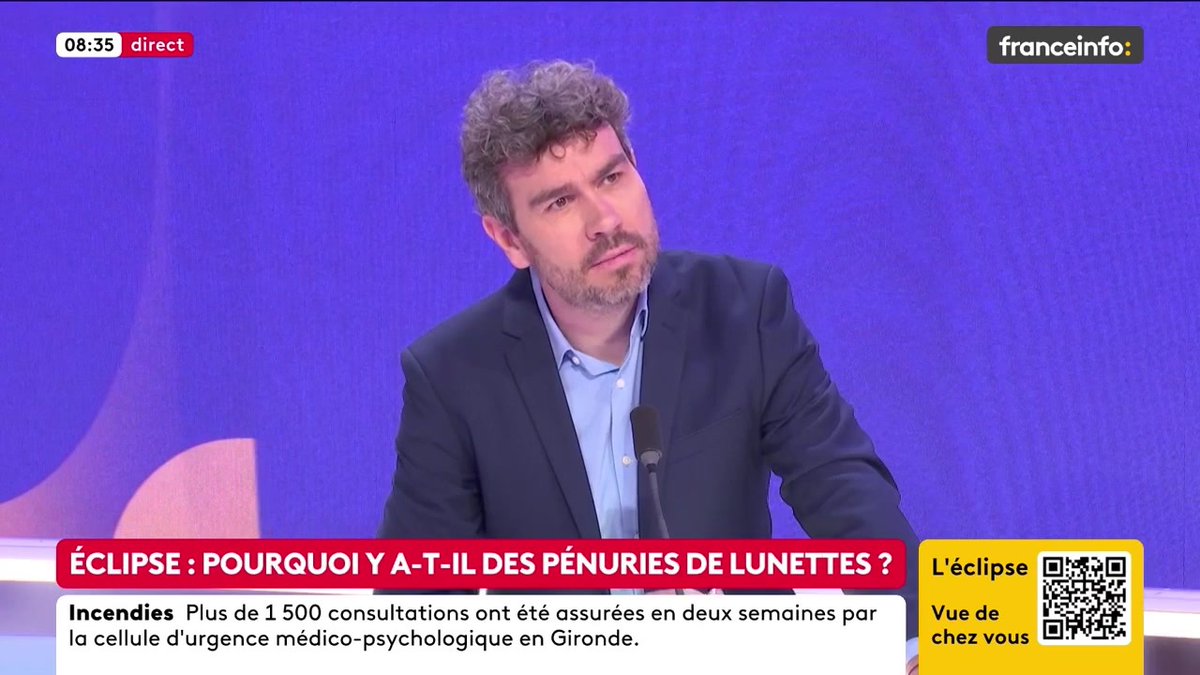 🔴 Éclipse : une pénurie de lunettes ? ➡️ "Les Français et Françaises […] vont trouver leurs lunettes aujourd’hui, je n’en ai aucun doute. Les écologistes cherchent surtout à mettre fin à leur propre éclipse de cet été en inventant des polémiques", selon Jean-Didier Berger
