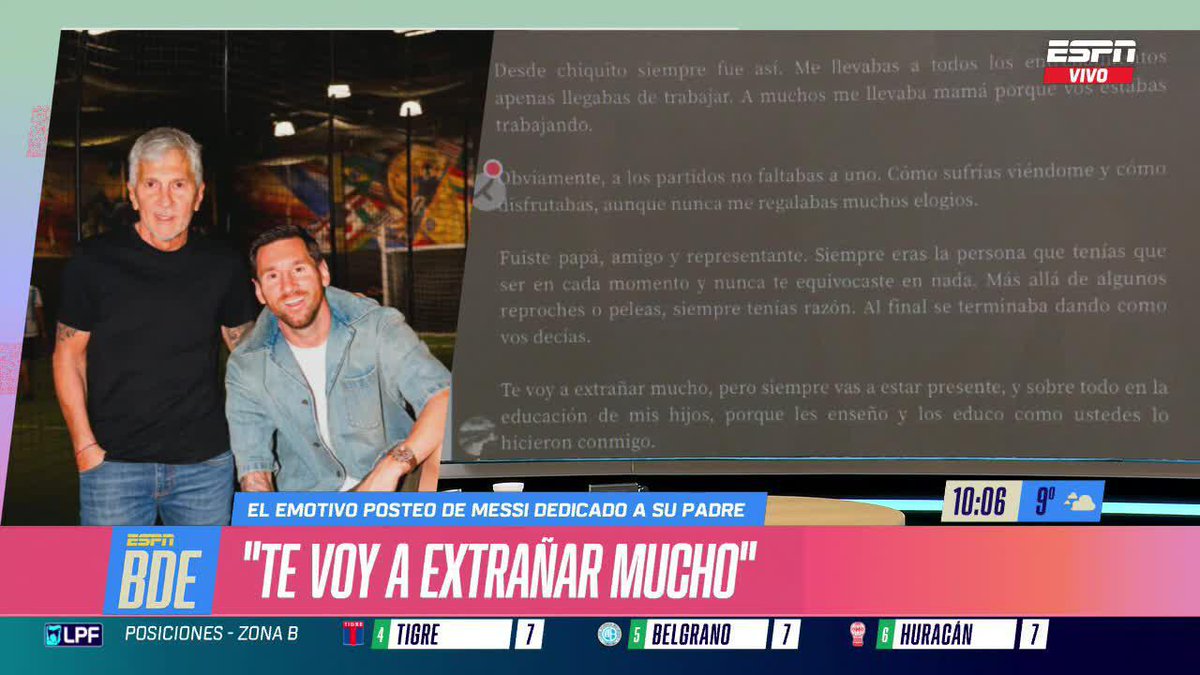 🔟 LA REFLEXIÓN DE LEO PARA RECORDAR A JORGE Messi y las palabras que le dedicó a su papá. ▶️ Mirá #BuenDíaESPN en el Plan Premium de #DisneyPlus