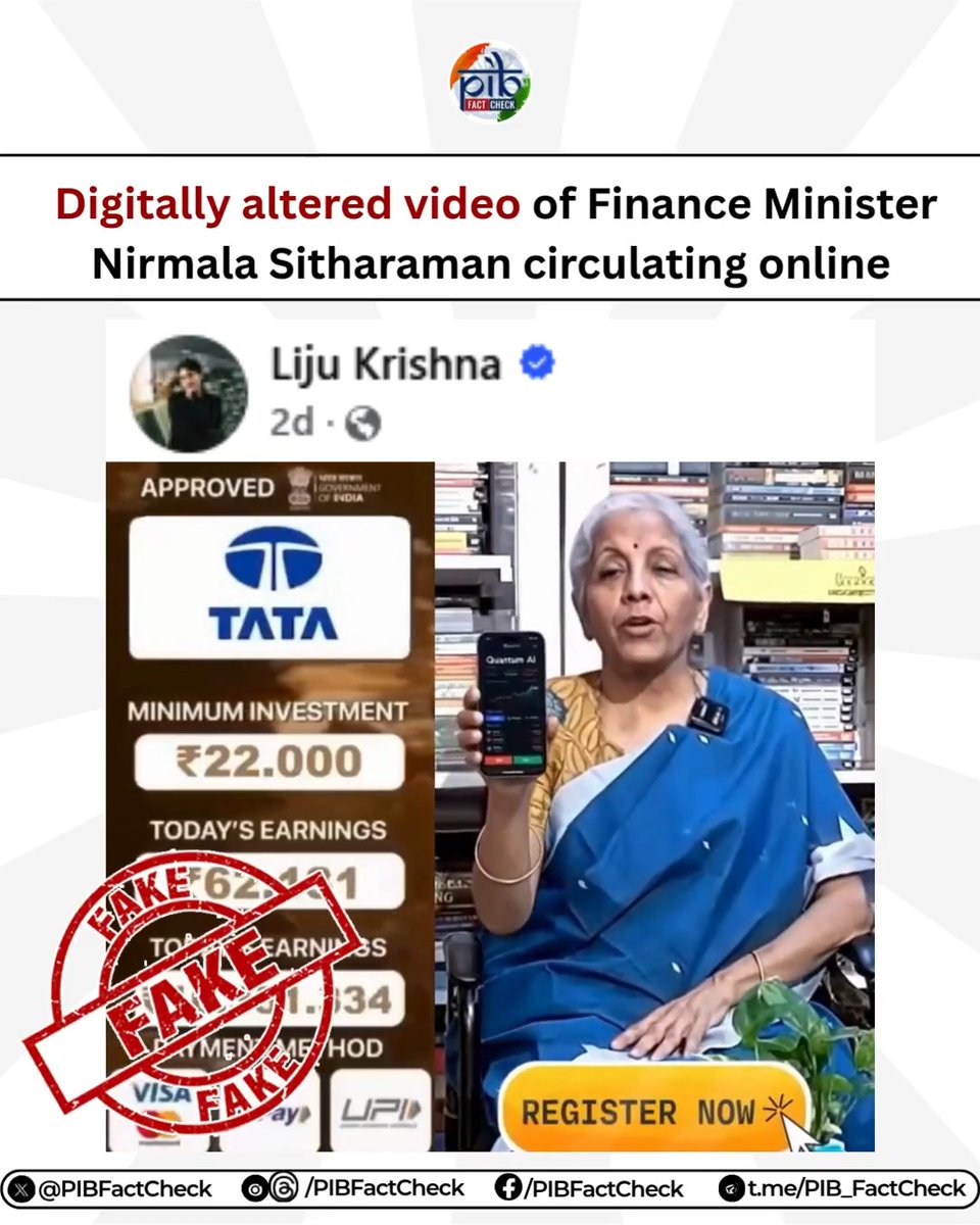 💸 Have you come across a video offering ₹5.5 lakh per week❓ 🚨 Beware! It's a scam. An advertisement on #Facebook is circulating an AI-generated video falsely showing Union Finance Minister Nirmala Sitharaman endorsing an investment scheme that claims to offer ₹5.5 lakh per wek on an initial investment of just ₹22,000. #PIBFactCheck ❌ The claim is FAKE . The video has been created using Artificial Intelligence (AI). ✅ Neither Union Finance Minister Nirmala Sitharaman NOR the Government of India has endorsed, authorised, or promoted any such investment scheme or platform. ⚠️ Scammers often use AI-generated videos, fabricated endorsements, and promises of extraordinary returns to deceive people into fraudulent investment schemes. 🔎 Always VERIFY such claims through official sources before investing your money or sharing your personal or financial information. 🛑 Help STOP misinformation and online fraud. Report suspicious or manipulated content to PIB Fact Check: 📲 WhatsApp: +91 8799711259 📧 Email: factcheck@pib.gov.in Ministry of Finance Ministry of Information and Broadcasting Central Bureau of Communication (CBC) DD News All India Radio News PIB India