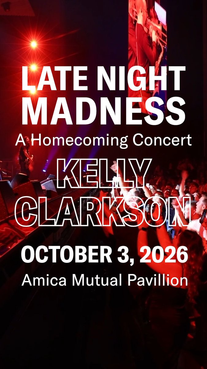 We know you've been waiting for a moment like this! 👀✨ Join us during #PCHomecoming2026 as Grammy Award-winning artist Kelly Clarkson takes the stage at Late Night Madness! 🎤 🗓️ October 3, 2026 📍 Amica Mutual Pavilion Get tickets starting Monday, Aug. 17: