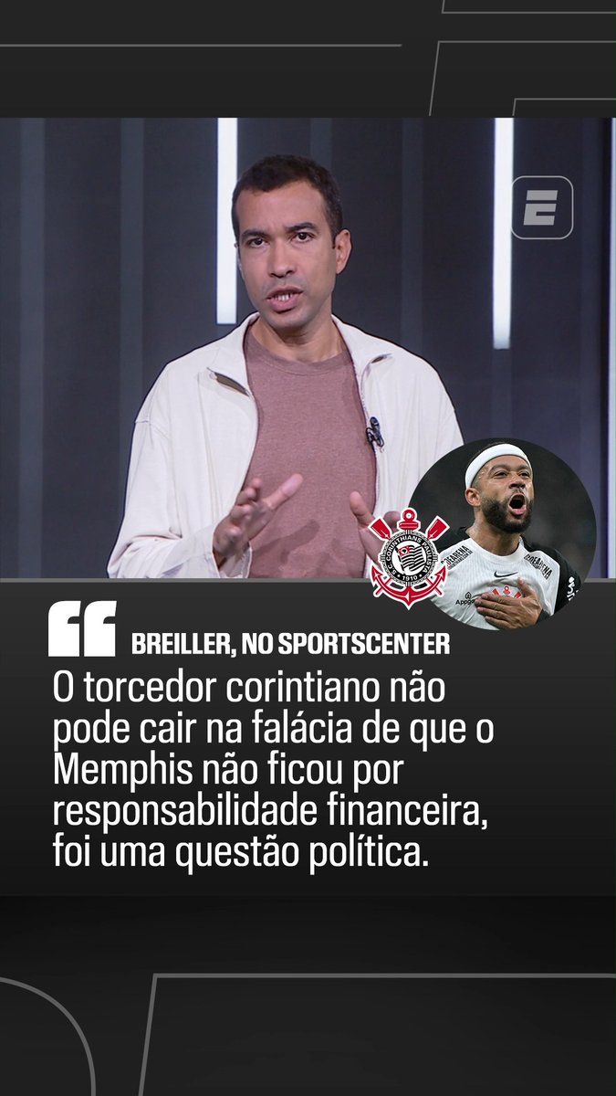 “O torcedor corintiano não pode cair nessa falácia de que o Memphis Depay não ficou no Corinthians por responsabilidade financeira. Foi uma questão política!” “Esse destrato com o Memphis Depay só expõe o desastre institucional que é o Corinthians hoje.” 🎙️ Breiller Pires, na ESPN. 🎥 ESPN Brasil | SportsCenter Brasil