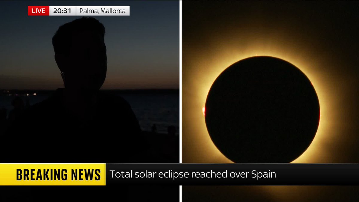 BREAKING: A total solar eclipse has been reached over Spain Sky's Alistair Bunkall is live in Mallorca as darkness descends. He describes the scene: 'This is quite extraordinary'