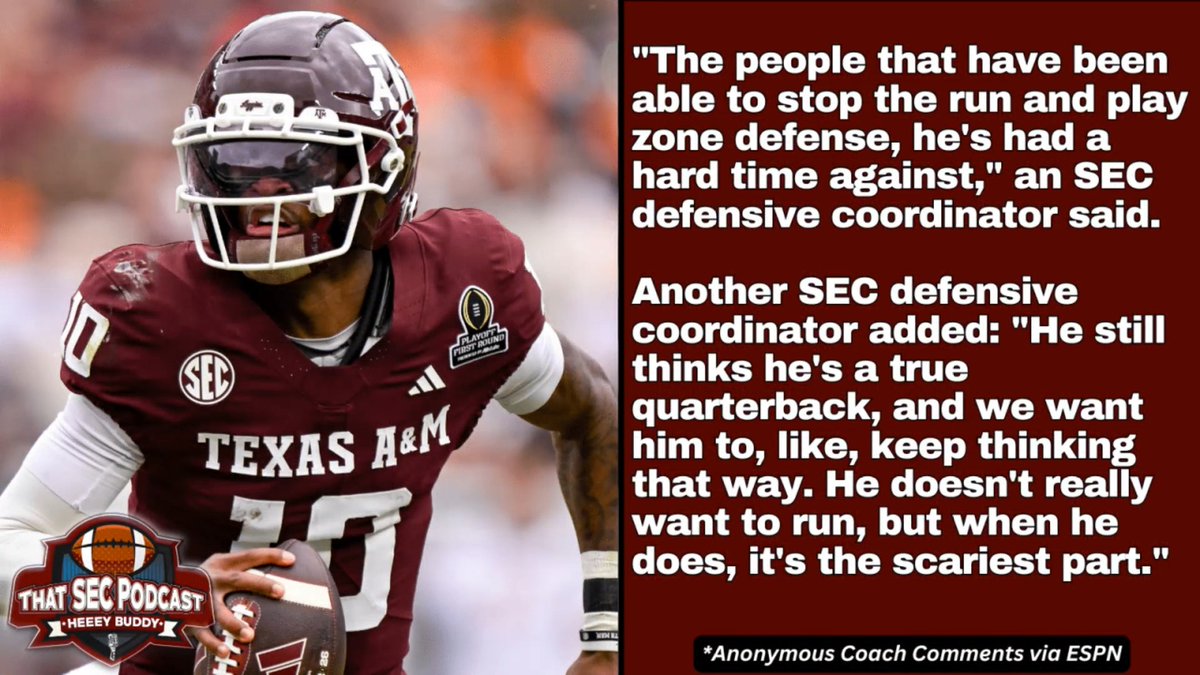 Marcel Reed catching some strays from an unnamed SEC defensive coordinator: "He still thinks he's a true quarterback, and we want him to, like, keep thinking that way." Are these fair comments? Full show: