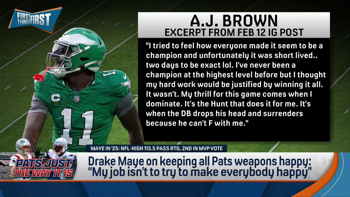 “This is problematic. A.J. wants numbers. He wants a gold jacket and he’s got his Super Bowl… He wants to put up numbers and dominate and that means he wants a ton of targets.” Chris Broussard discusses Drake Maye saying his job isn’t to try to make everybody happy: