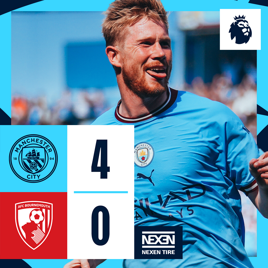 #OnThisDay: #ManCity 4-0 Bournemouth [2022] ⚽️ [19'] Ilkay Gündogan ⚽️ [31'] Kevin De Bruyne ⚽️ [37'] Phil Foden ⚽️ [79' OG] Jefferson Lerma