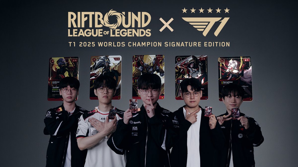 First, they made history. Now, they’re holding history. Doran, Oner, Faker, Gumayusi, and Keria get their first look at the Champion cards celebrating their 2025 Worlds Championship run. See the moment for yourself, then register for the drawing starting August 14 at 9AM PT.