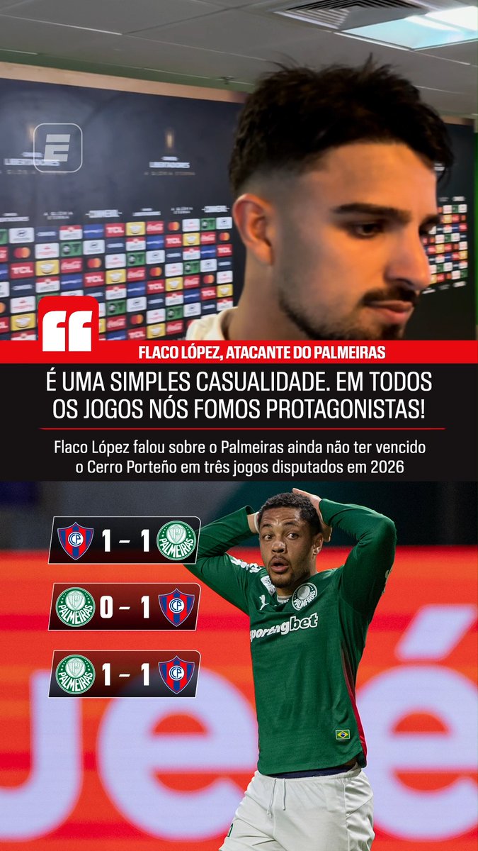 Flaco López, ao ser questionado sobre o Palmeiras ter enfrentado o Cerro Porteño 3 vezes em 2026 e não ter vencido nenhuma: “Eu penso que é uma simples casualidade. Em todos os jogos contra eles nós fomos protagonistas.” 🎥 ESPN Brasil | SportsCenter Brasil