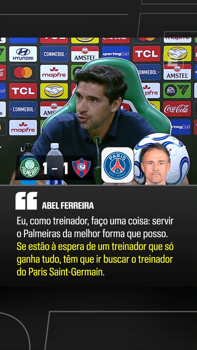 “Desde 2020, ganhando e perdendo, eu sirvo o Palmeiras da melhor forma que sei e posso. Se estão esperando um treinador que só ganha tudo, tem que ir buscar o treinador do PSG.” 🎙️ Abel Ferreira. 🎥 ESPN Brasil | SportsCenter Brasil