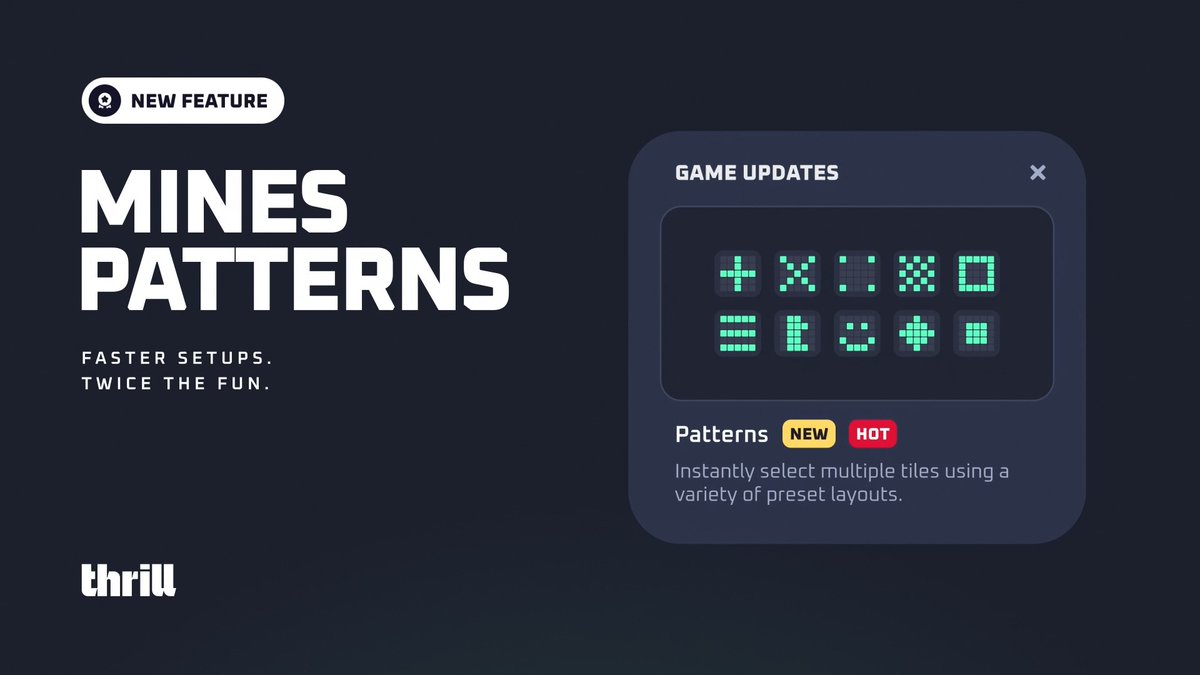 💎 Check out Mines Patterns on Thrill! Load a preset in one tap, tweak any tile, and save your favourite layout for next time. Reply with a screenshot of your go-to pattern + your Thrill username We’ll pick 15 random people to win $10 each. 💸 Let’s go! 💣