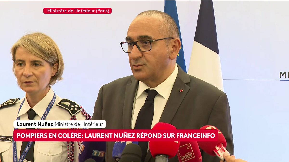 🔴 🗣️ Laurent Nuñez a rencontré les représentants de l'intersyndicale des pompiers professionnels "Je leur ai annoncé que le projet de loi de modernisation de la sécurité civile [...] leur sera présenté le 8 septembre prochain", annonce le ministre de l'Intérieur. #canal16